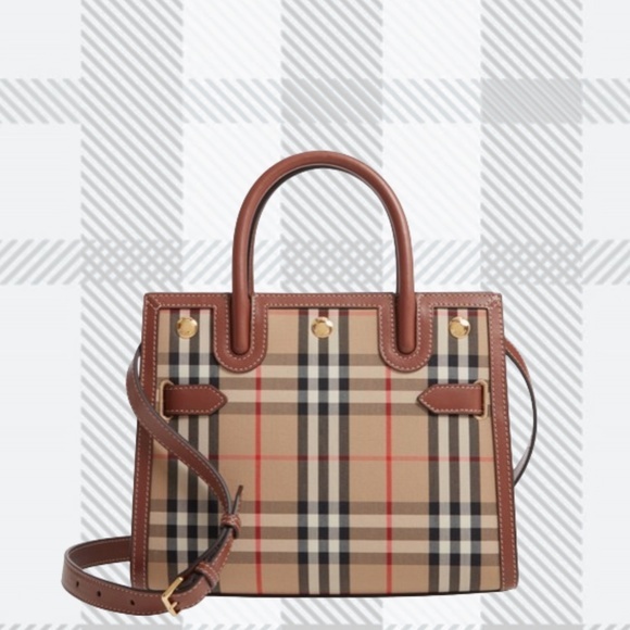 Burberry Handbags - BURBERRY Small Title Check Double Handle Canvas & Leather Bag